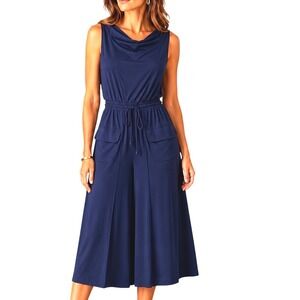 Vince Camuto Women Navy Blue Cowl Neck Jumpsuit Small Cargo Pocket Wide Leg Crop